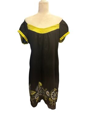 Black Off Shoulder Summer Dress with Lime Green Trim and Floral Embroidery